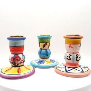 Candlestick Holders Set of 3 Ceramic Hand Painted Stands Taper Folk Art Colorful